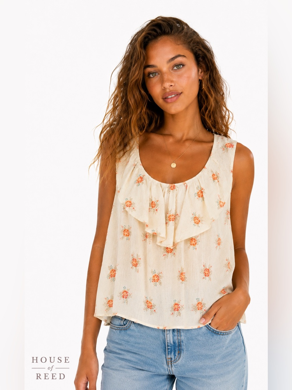 I Love H81 Los Angeles 100% Silk Floral Ruffle Tank Blouse‎ Cream Pink Medium